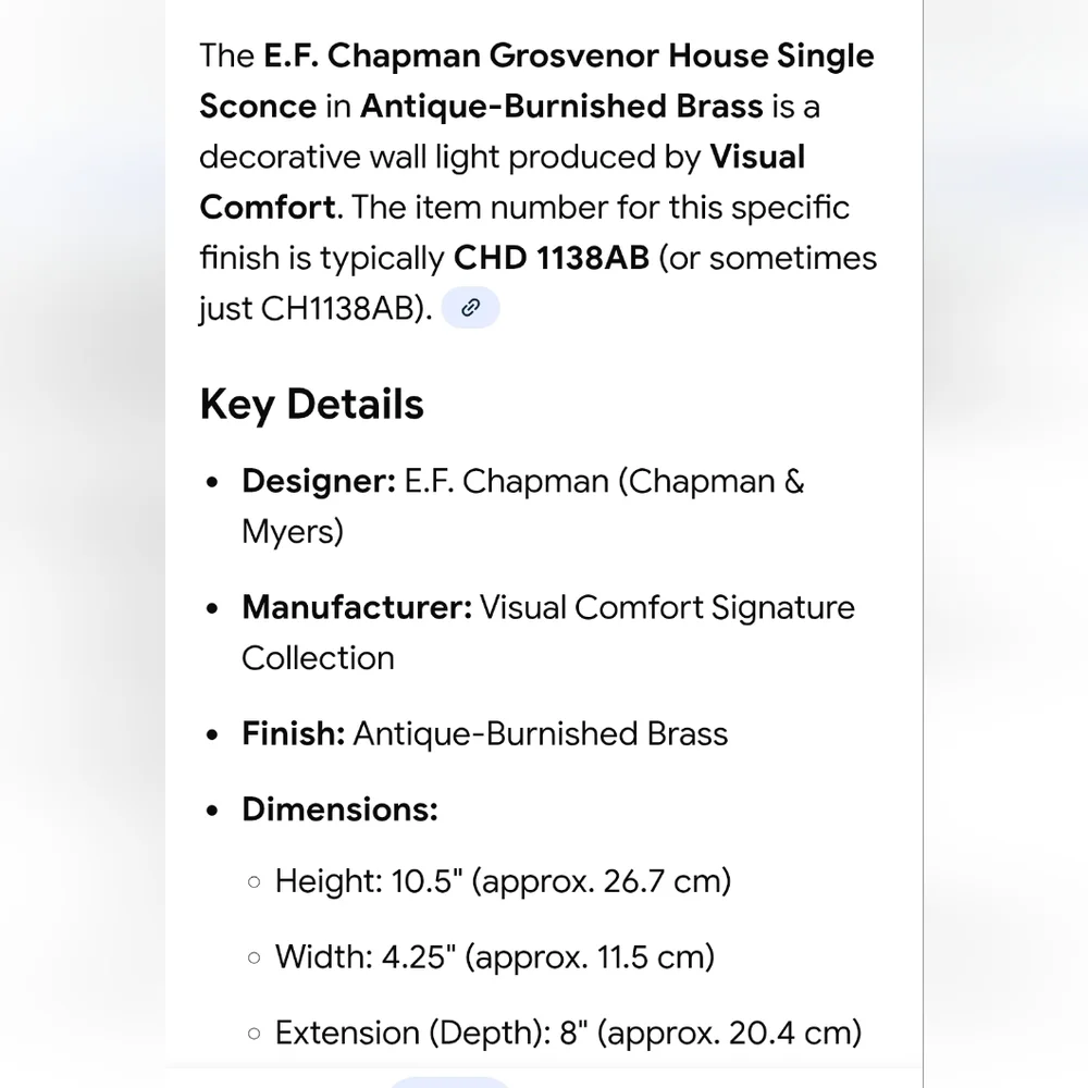 E.F. Chapman Grosvenor House Single Sconce In Antique-Burnished Brass - Picture 2 of 7